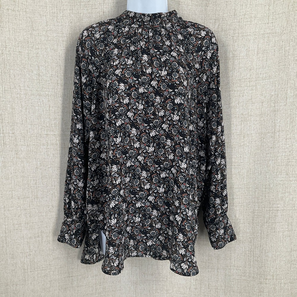 LOFT Blouse Womens Size S Black Floral Mock Neck Boho Classic‎ Career Romantic